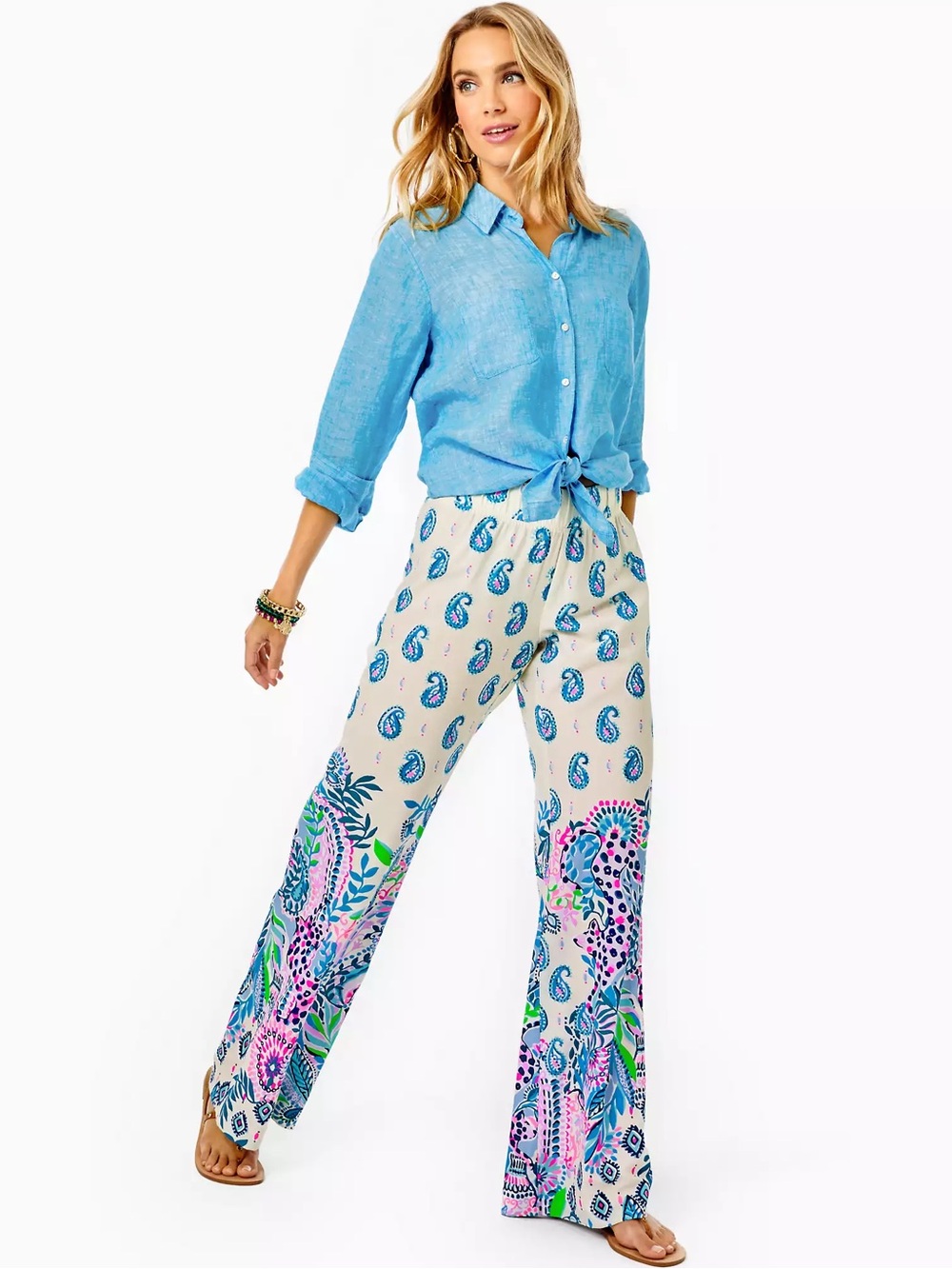 Lilly Pulitzer Beige Paisley Wide Leg Pants with Blue & Pink Floral Print